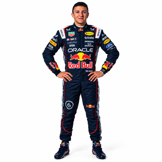 A full-body studio photo of a man wearing a Red Bull Racing team racing suit. The dark navy suit features multiple sponsor logos including Oracle, Visa, Mobil 1, Castore, and Ford, along with the prominent Red Bull logo on the chest and red and yellow accents.