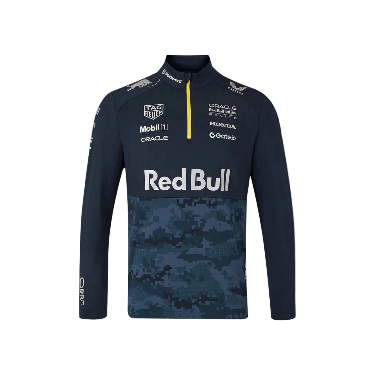 A long-sleeve Red Bull Racing team top in navy blue, featuring a digital camouflage pattern on the lower half, a yellow zipper at the collar, and various sponsor logos including Red Bull, Mobil 1, Honda, and Oracle on the chest.