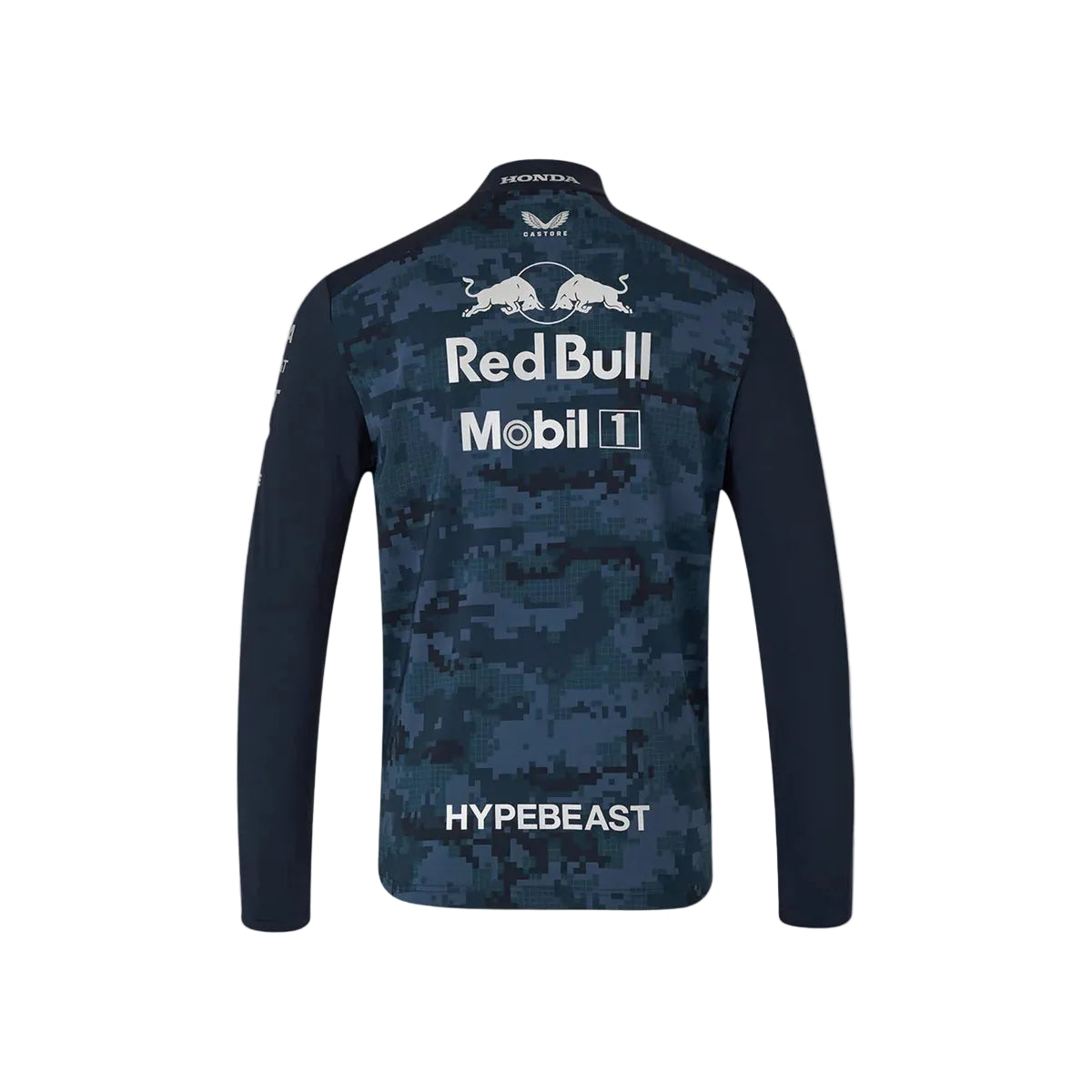 A long-sleeve performance top with a dark blue and navy digital camouflage pattern, featuring white sponsor logos including Red Bull, Mobil 1, HYPEBEAST, and Honda on the back.