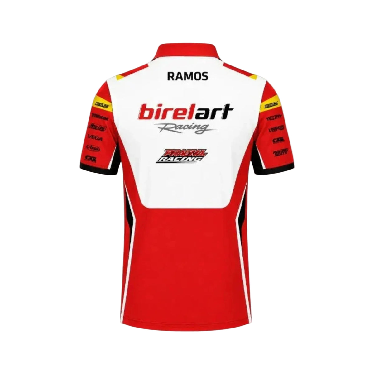 A red and white short-sleeve racing jersey shown from the back, featuring 'RAMOS' on the upper back, 'birelart Racing' across the center, and various sponsor logos on the sleeves, set against a white background with a faint watermark.