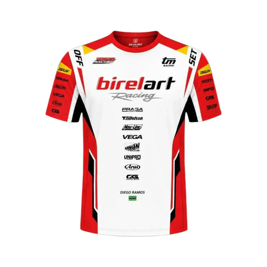 A short-sleeve racing jersey with a white base, red side panels, and black and yellow details. The jersey features the 'birelart Racing' logo on the chest, along with sponsor logos such as TM Racing, SET, Castrol, and VEGA on the sleeves and front.