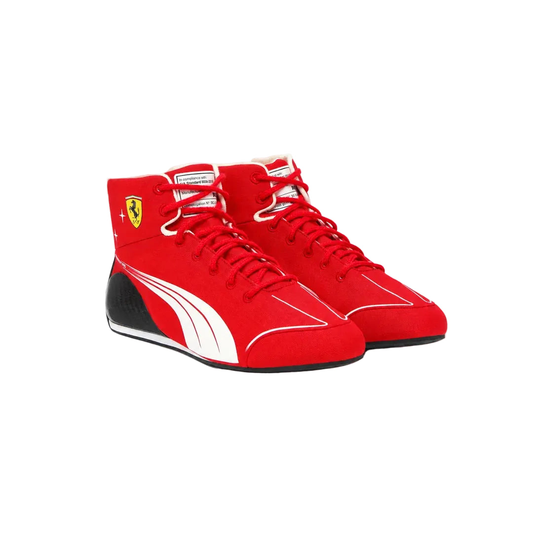 A pair of red high-top racing sneakers with white and black accents, featuring the Ferrari logo on the side and a Puma formstrip, set against a plain white background.