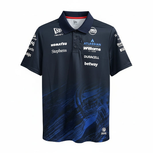 A dark navy blue and black Mercedes Formula 1 team polo shirt with various sponsor logos, hanging on a white hanger against a decorative white screen.