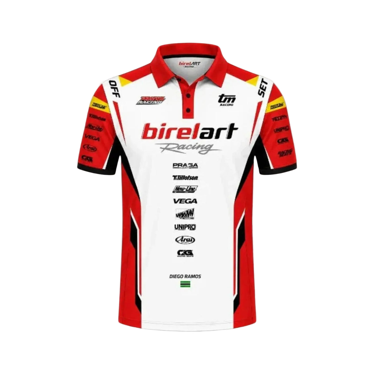 A red and white short-sleeve racing polo shirt with 'birelart Racing' printed across the chest, featuring various sponsor logos on the front and sleeves, set against a white background with a faint watermark.