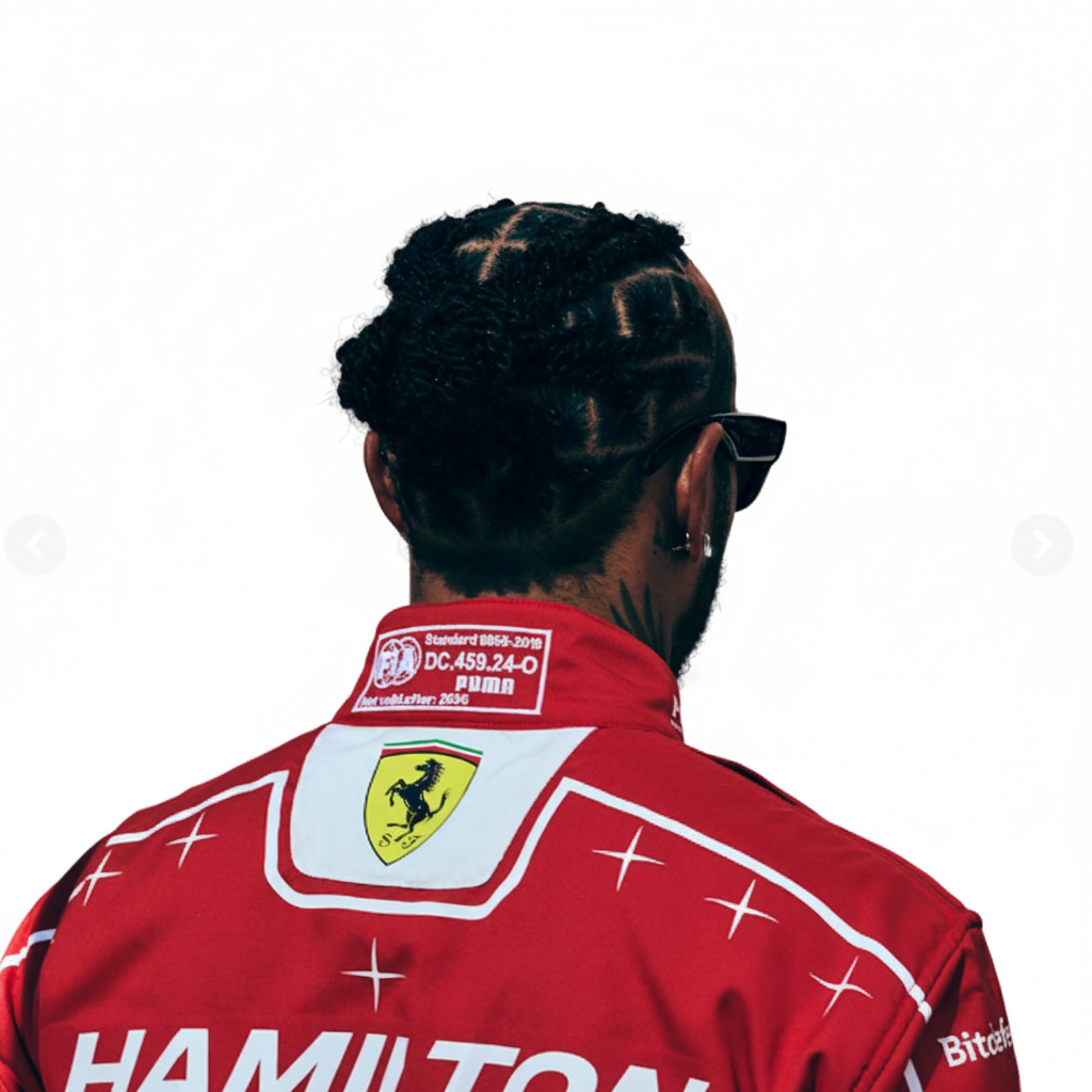 Rear view of a person wearing a red Ferrari team jacket with large white HAMILTON text and the Ferrari shield logo, set against a solid red background.
