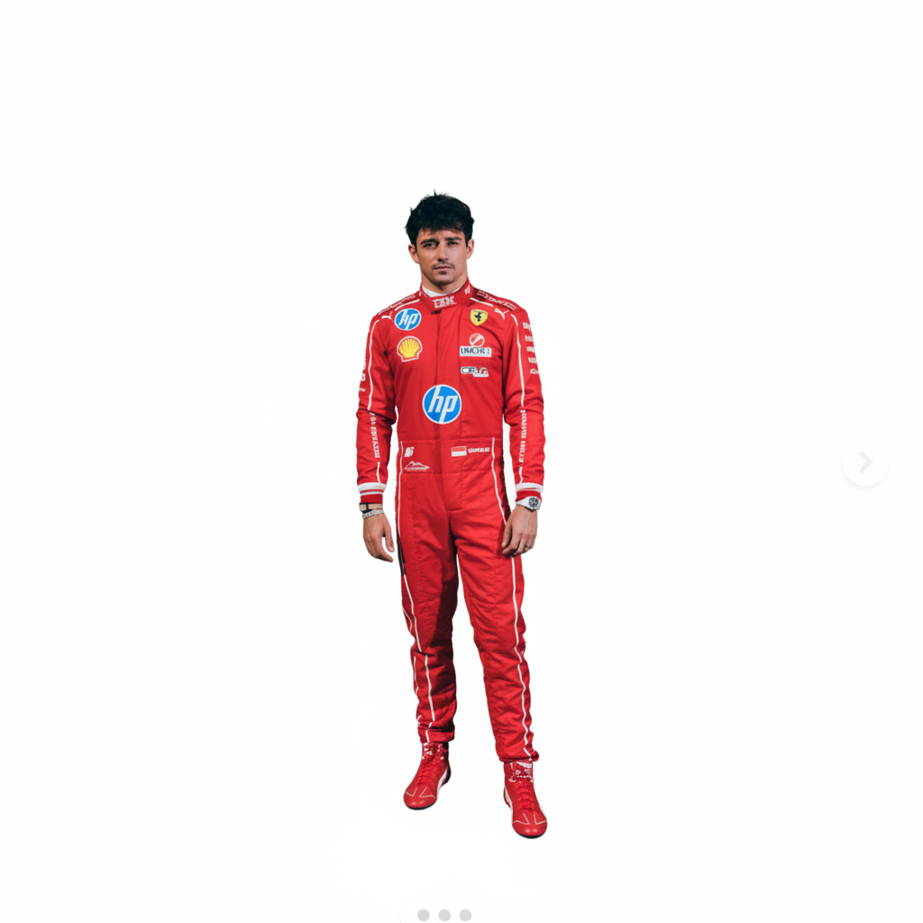 A man wearing a red Ferrari racing suit and matching red boots stands in front of a red wall, with red-covered Formula 1 cars on either side.