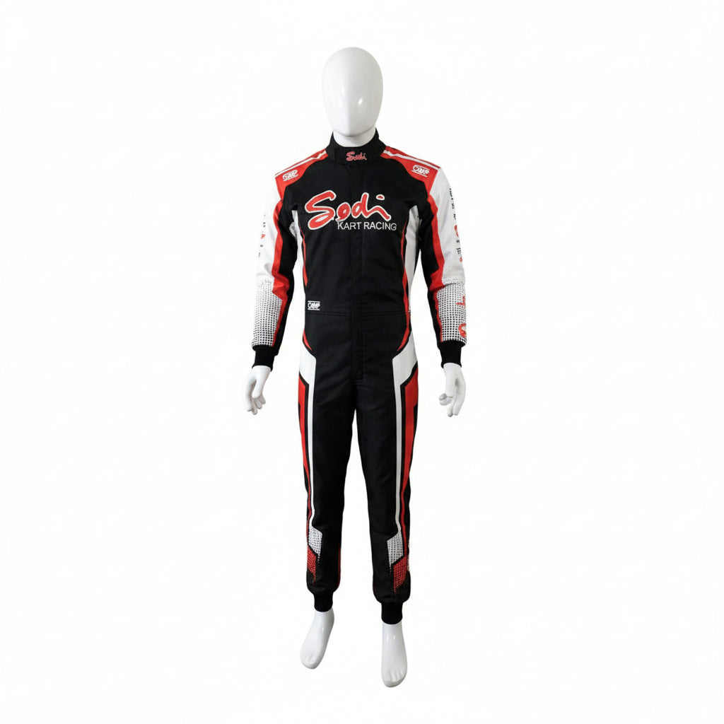 A black, red, and white full-body racing suit displayed on a white mannequin against a plain white background. The suit features 'Soda Fast Racing' printed in red and white across the chest.