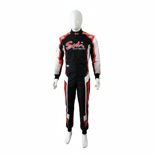 A black, red, and white full-body racing suit displayed on a white mannequin against a plain white background. The suit features 'Soda Fast Racing' printed in red and white across the chest.