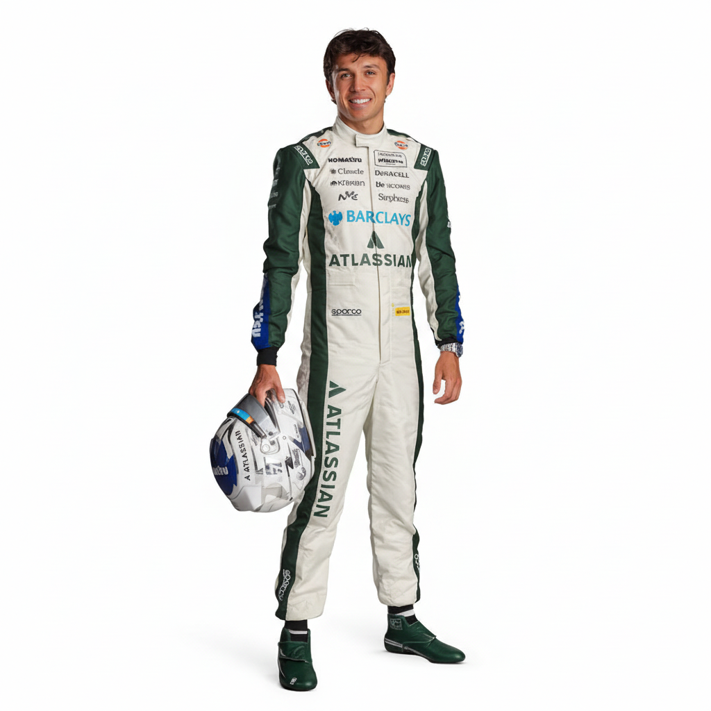 A man wearing a white and green racing suit with sponsor logos stands against a light beige background, holding a matching helmet.
