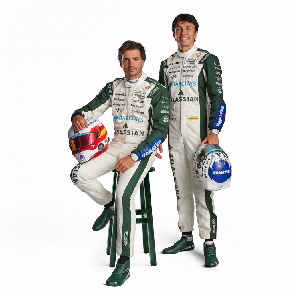Two race drivers in green and white Williams racing suits pose with helmets against a light beige studio background. One driver sits on a green stool while the other stands beside him.