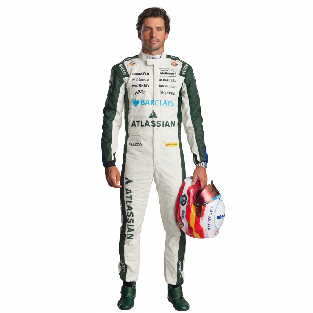 A man wearing a white and green racing suit with multiple sponsor logos stands against a light gray studio background, holding a red, yellow, and white racing helmet.