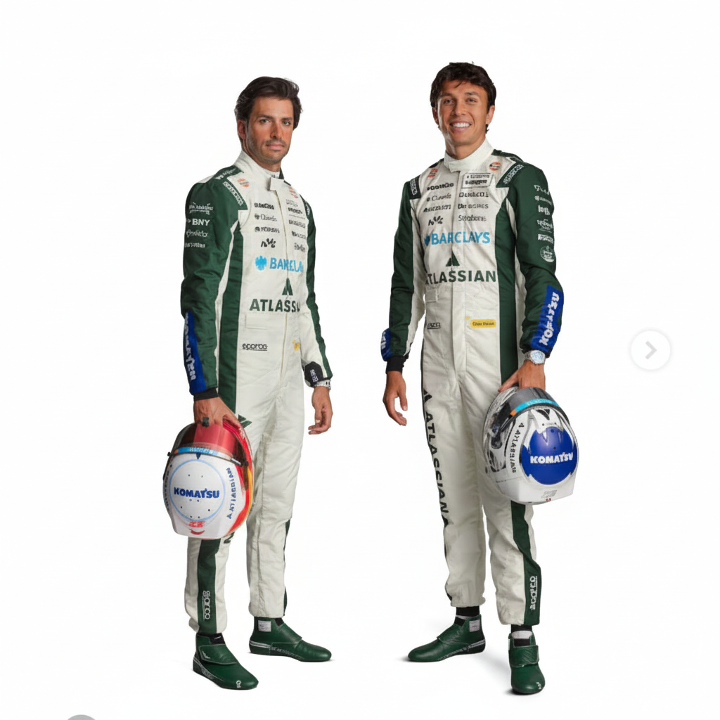 Two male race drivers standing against a plain light beige studio background, wearing matching white and dark green racing suits and holding helmets. Visible sponsor logos on the suits include Barclays, Atlas, Moss, and others, and the helmets show Komatsu branding.