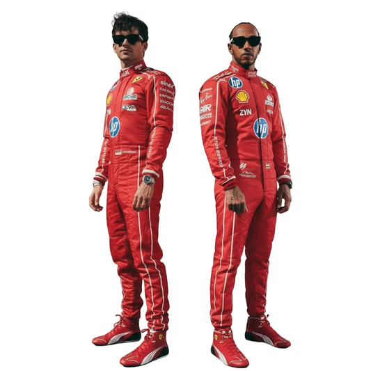 Two male race drivers in matching red Ferrari racing suits and red Ferrari racing shoes stand in front of a red wall and a covered Formula 1 car. The suits feature multiple sponsor logos including Shell, Petronas, and Castore.