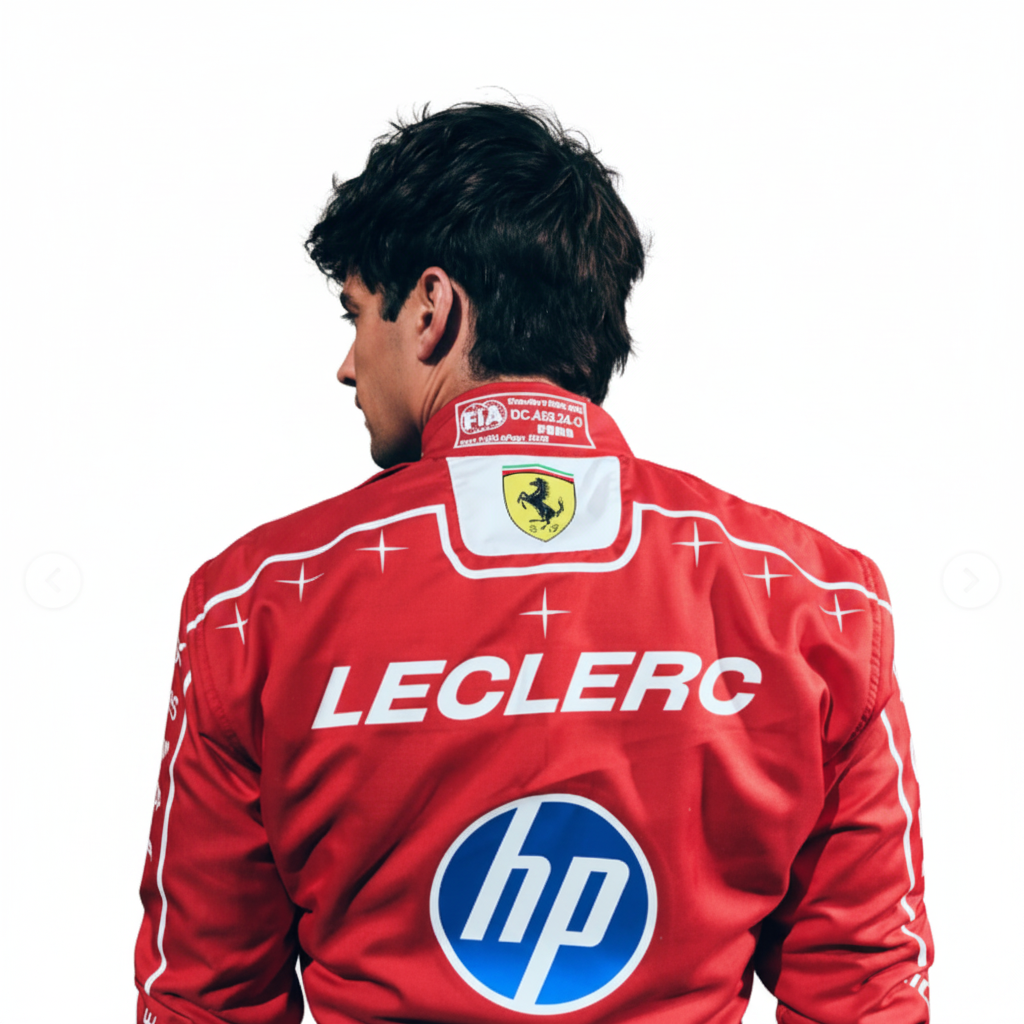 A man seen from behind wearing a red Ferrari racing suit with 'LECLERC' and the HP logo on the back, standing in front of a red wall.