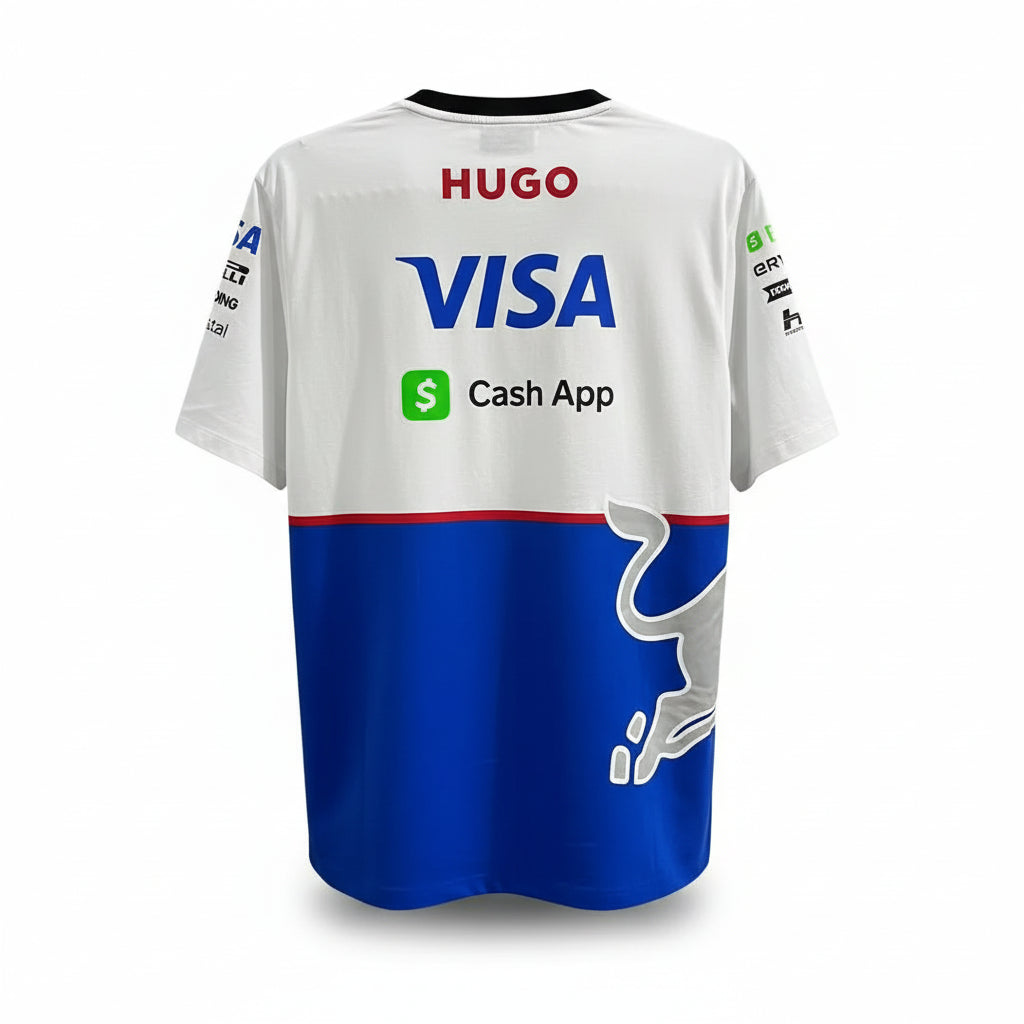 A white and blue short-sleeve t-shirt with sponsor logos including HUGO, VISA, and Cash App, featuring a large silver horse graphic on the lower right side, displayed against a decorative white screen.